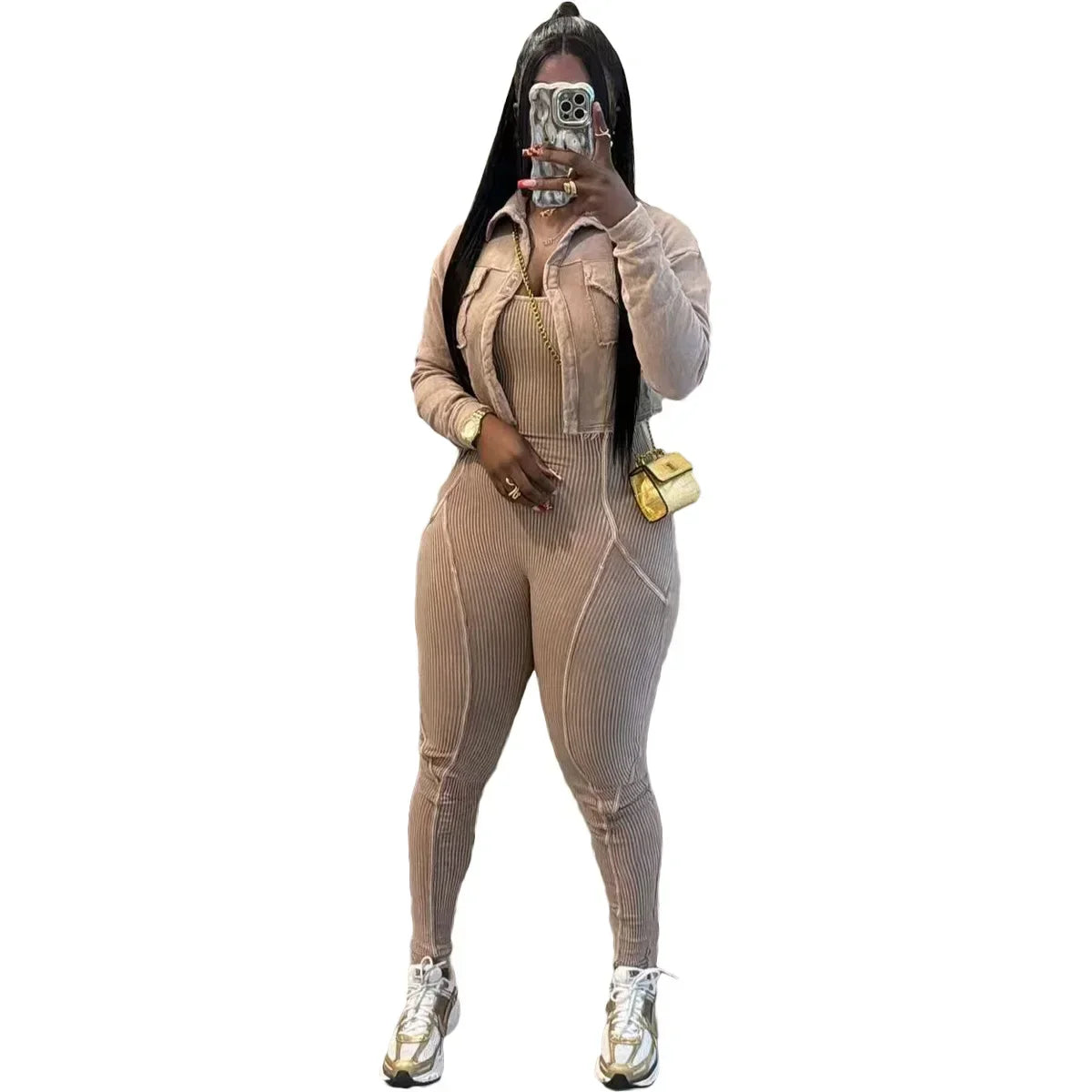 Fashion Women's Set Washed Knitted Long Sleeve V-neck Coats+pencil Jumpsuits Active Two 2 Piece Set Outfits Tracksuit Khaki