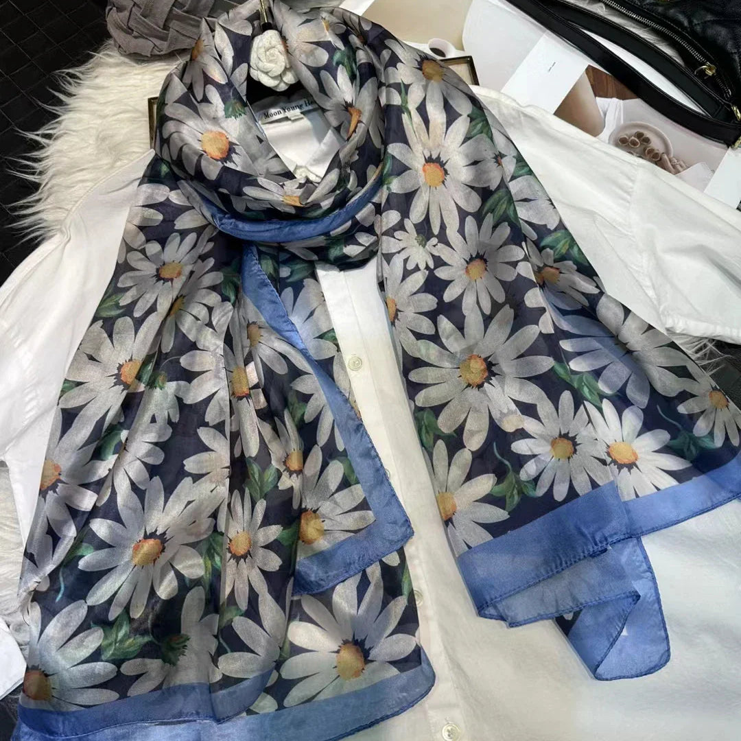 [BYSIFA] Ultralarge Spring Autumn Silk Scarf Wraps Brand Female Long Scarf Cape Fashion New Design Lace Pattern Blue Silk Scarf blue white