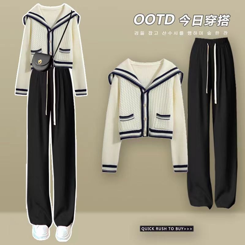 Sailor Collar Two Piece Set for Women Knitted Cardigan + Pant Sets Long Sleeve Korean Outfit Tracksuit 2024 New Knit Autumn Suit