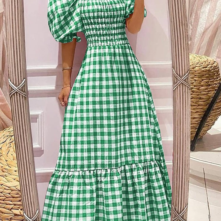 VONDA Summer Long Maxi Dress Women 2024 Casual Short Sleeve Square Collar Vintage Plaid Party Bohemian Vestidos Loose Sundress A-Green