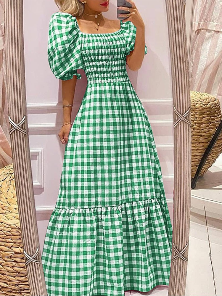 VONDA Summer Long Maxi Dress Women 2024 Casual Short Sleeve Square Collar Vintage Plaid Party Bohemian Vestidos Loose Sundress A-Green