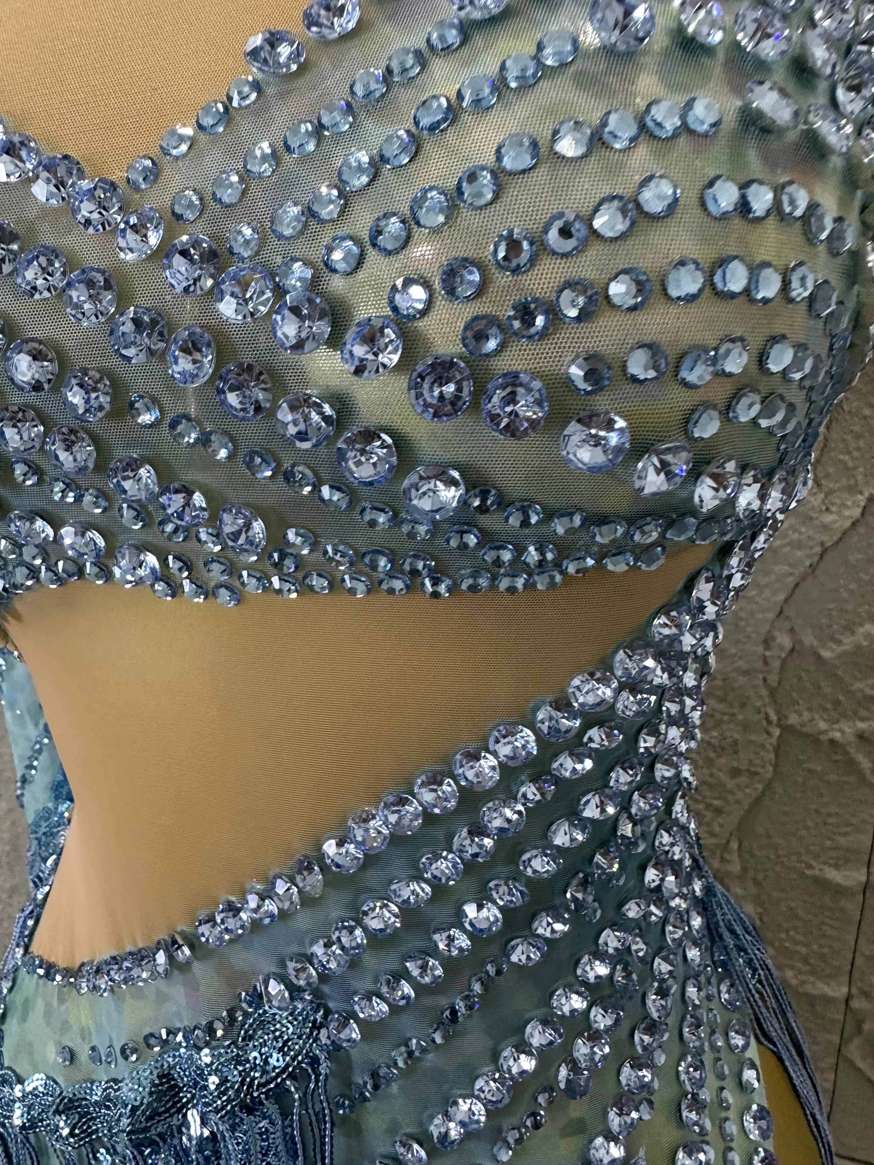 Glamorous Sky Blue One Shoulder Crystal Beaded Asymmetrical Tassel Dress Evening Birthday Nightclub Dance Banquet Outfit