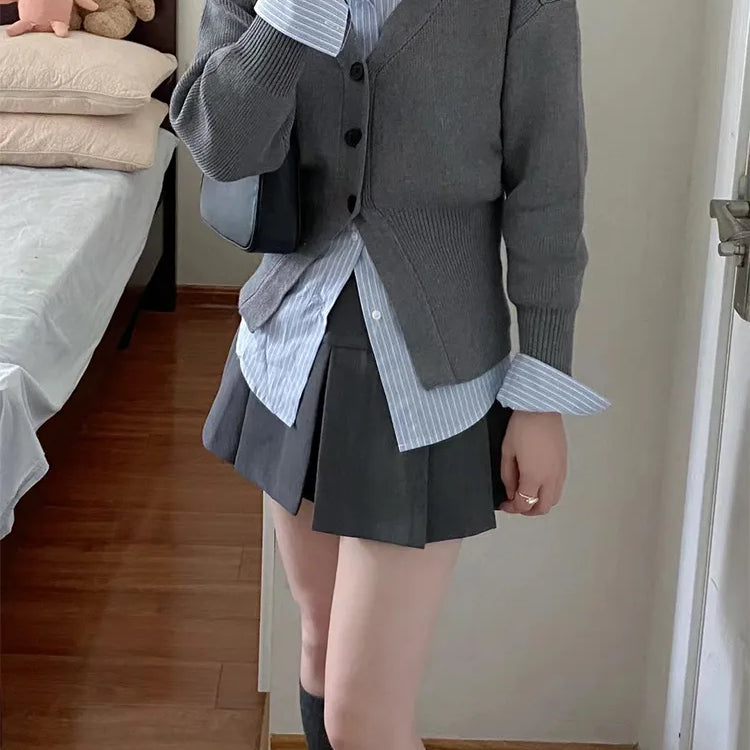 Preppy Style Sweet Wind Suit 3 Piece Set Female Student Korean Striped Blouses + Knitwear Cardigan + Korea A-Line Skirt Coquette