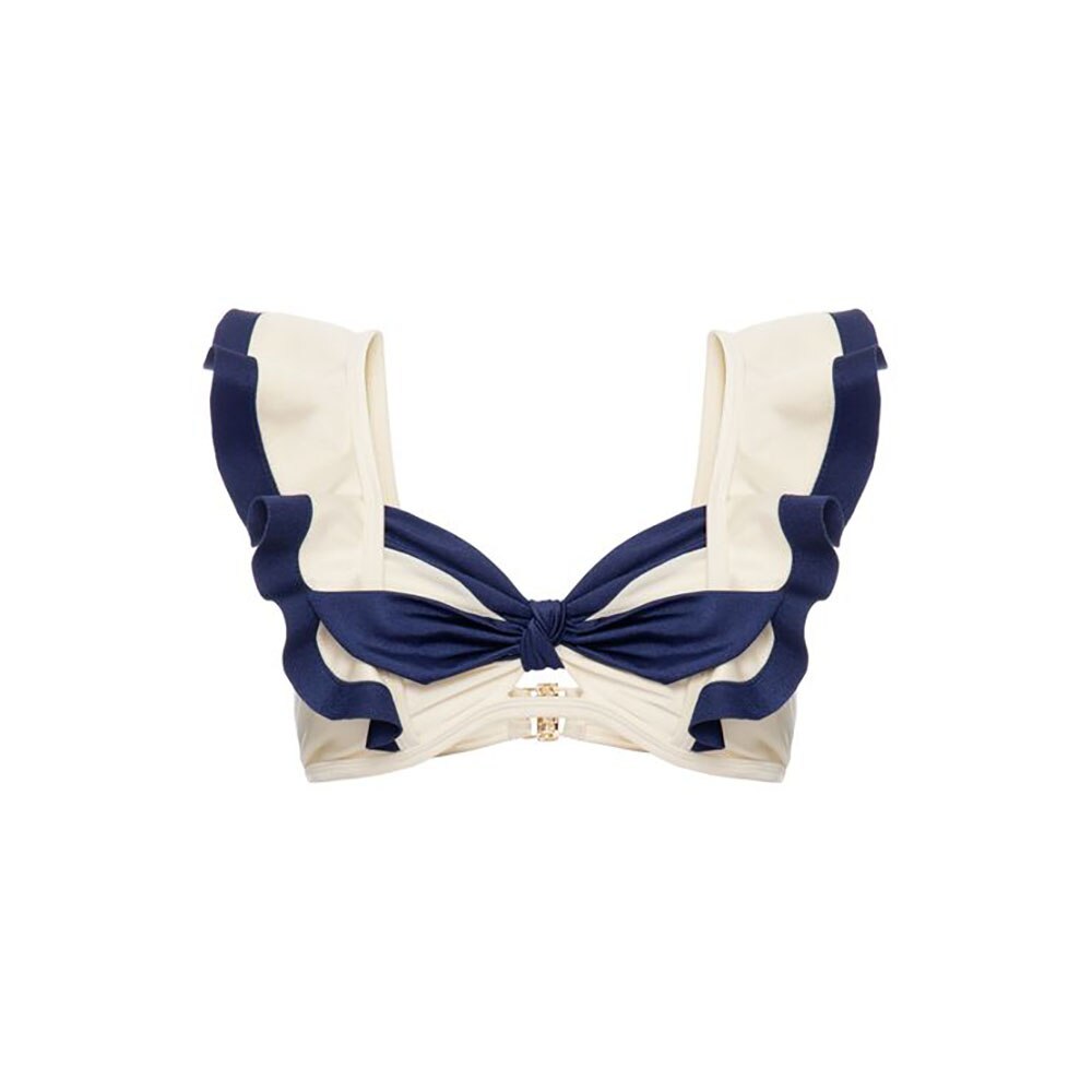 Ruffled Split Bikini Set Fashion Solid Blue Stripes High Waist Thong Underwear White Women's Suit Surf Wear For Girls