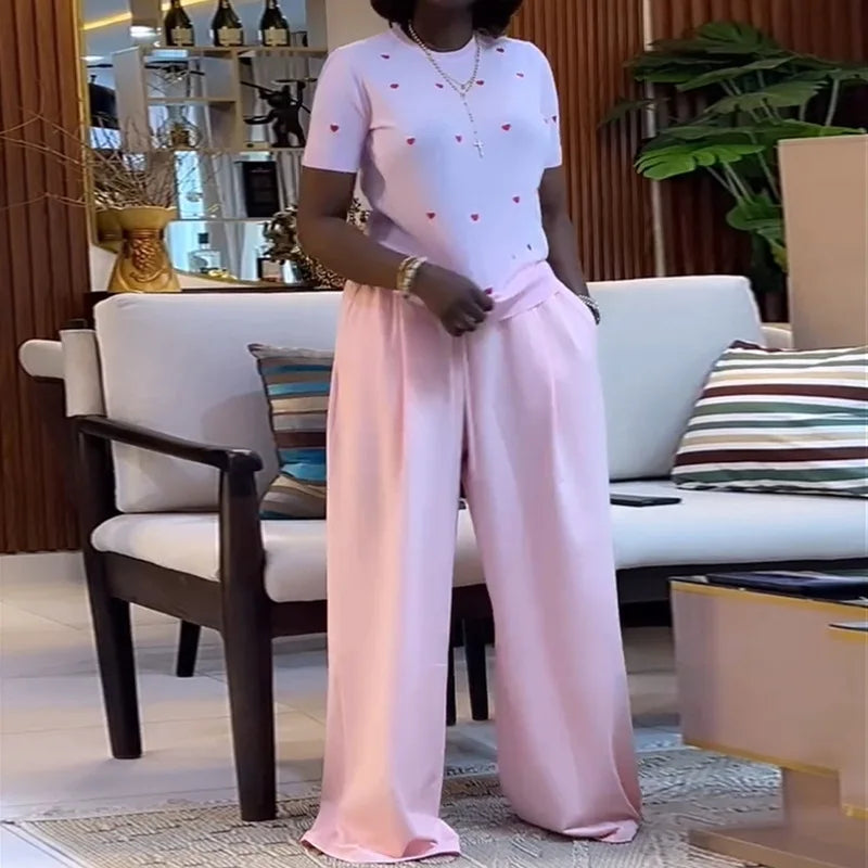 Fashion Women's Set Love Short Sleeve T-shirt and Wide Leg Pants 2025 Summer Active Two 2 Piece Sets Outfit Tracksuit Pink