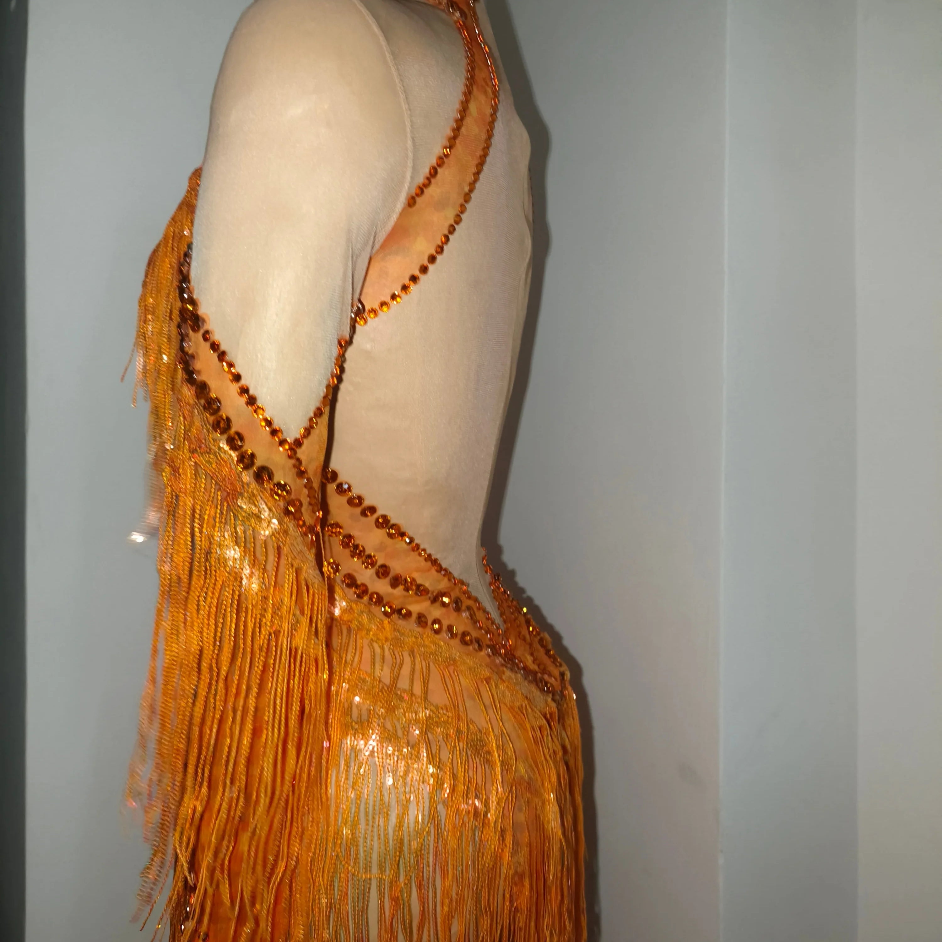 Sparkly Orange Rhinestone Fringe High Neck Dress Women Sheer Mesh Embellished Latin Dance Performance Costume