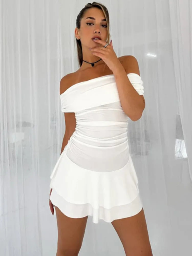 Off-shoulder Strapless Sexy Mini Dress For Women Robe Elegant Sleeveless Backless Ruched Skinny Club Party Dress White