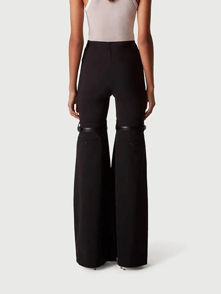 Patchwork Belt Wide Leg Pants For Women High Waist Slimming Solid Long Full Length Trousers Female Fashion Clothing