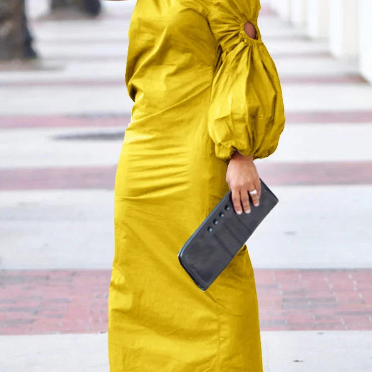 Women Cutout One Long Sleeve Ruched Side Split Maxi Bodycon Midi Dress 2023 Winter Vintage Sexy Party Dresses Vestidos Yellow