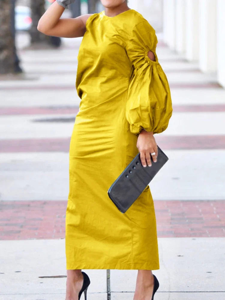 Women Cutout One Long Sleeve Ruched Side Split Maxi Bodycon Midi Dress 2023 Winter Vintage Sexy Party Dresses Vestidos Yellow
