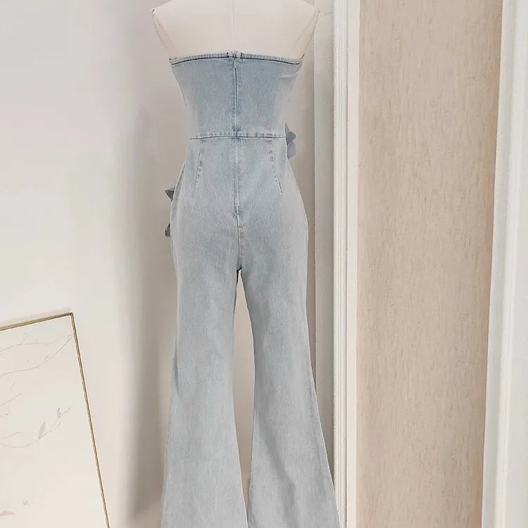 3D Appliques Flower Strapless Demin Jumpsuits For Women Off Shoulder Sleevelss Solid Color High Waist Full Length Overalls New