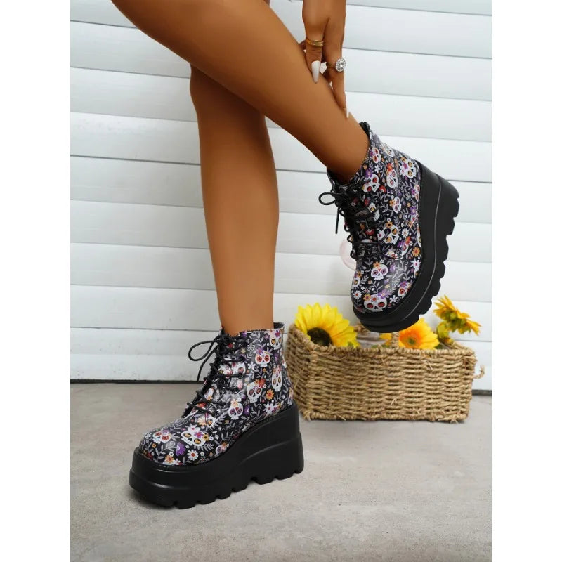 Winter Women's Gothic Platform Ankle Boots Fashion Wedge Lace Up High Heels Women's Boots Street Fashion Women's Shoes