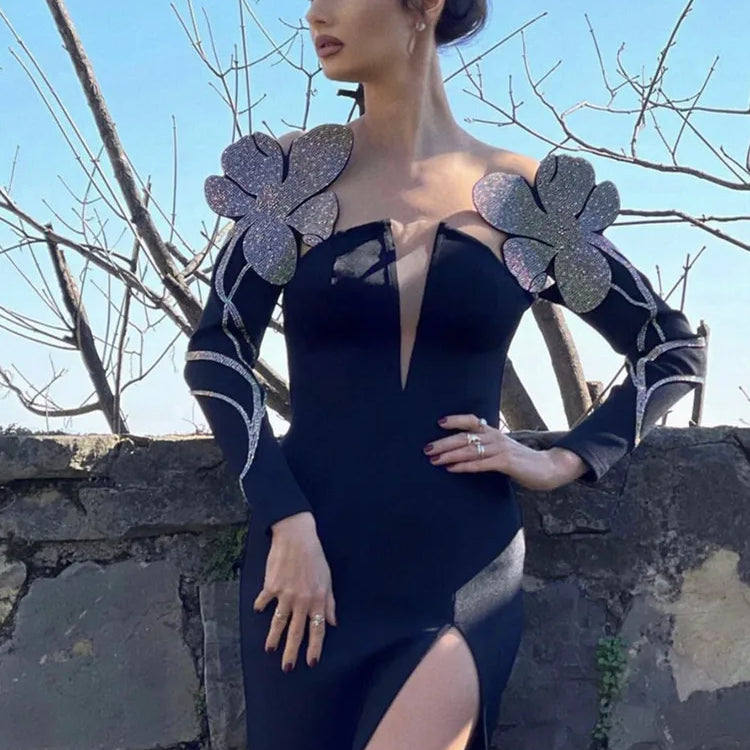 Women Sexy Off Shoulder Maxi Long Split Black Crystal Diamonds Sparkly Shiny Bandage Dress 2022 Elegant Evening Club Party Dress