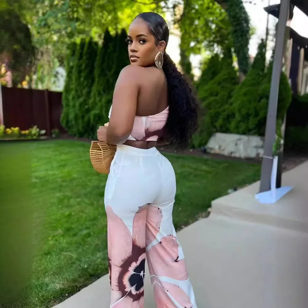 Women Set Floral Print Sleeveless Skew Collar Tops +Wide Leg Pants Two 2 Piece Set Outfit 2024 Summer Street Tracksuit