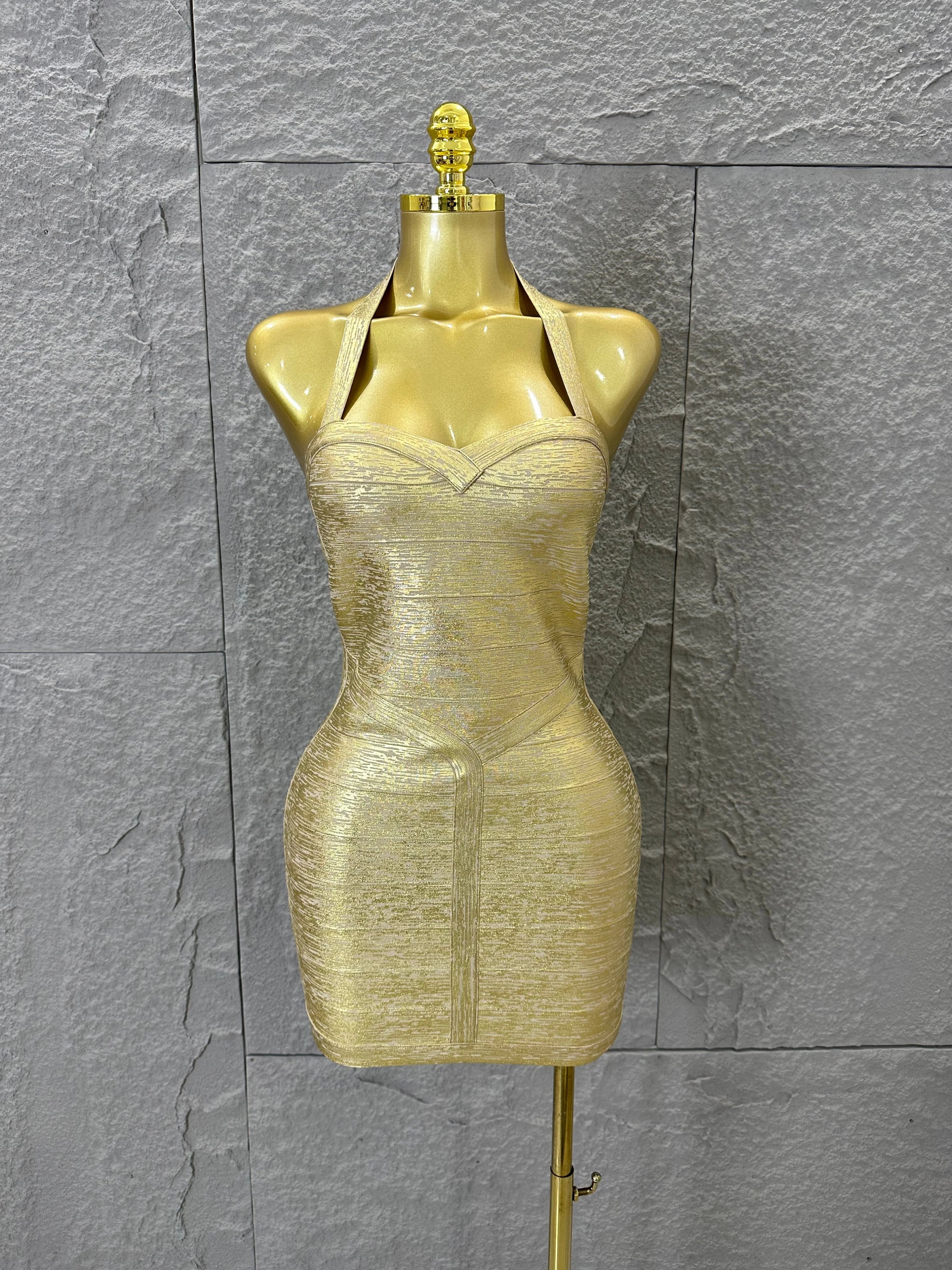 Elegant Gold Metallic Bandage Mini Dress Women Halter Neck Sweetheart Bodycon Formal Event Cocktail Party Costume Gold