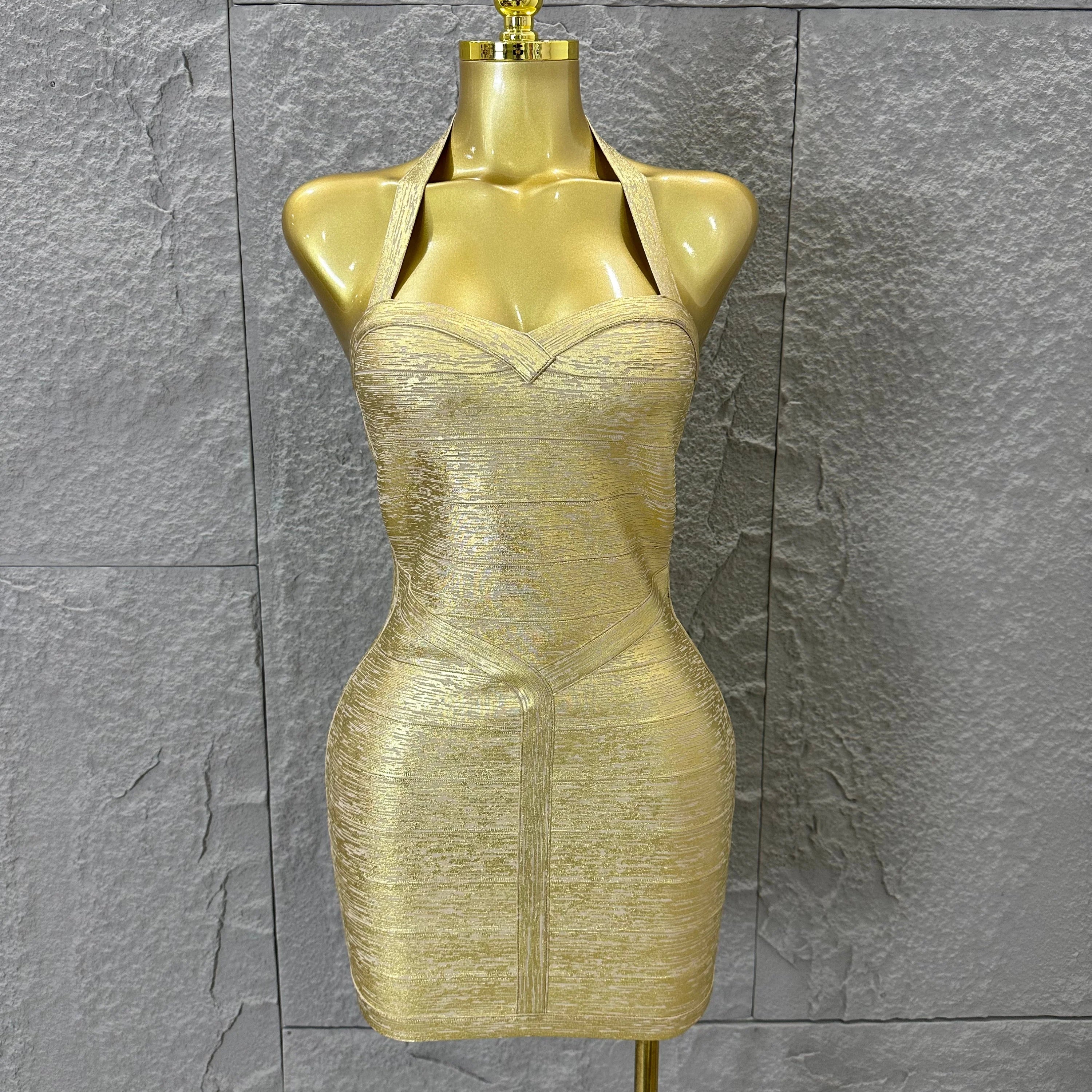 Elegant Gold Metallic Bandage Mini Dress Women Halter Neck Sweetheart Bodycon Formal Event Cocktail Party Costume