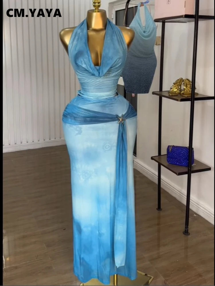 Women Tie Dye Printed Halter Pile Neck Crop Top and Bodycon Midi Maxi Long Skirt Suit 2025 Summer Two 2Piece Set Outfits