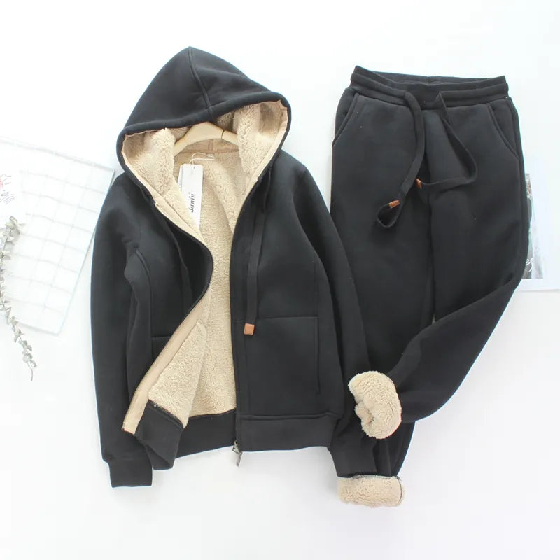 Simple Fashion Sports Casual Suit Women's Autumn Winter Artificial Lamb Wool and Velvet Thickened Hooded Short Coat Sports Pants Black