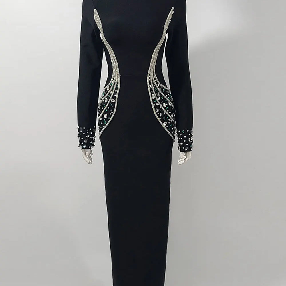 2024 Sexy Women's Heavy Industry Beaded Bandage Dress Bodycon Stand Collar Long Sleeve Midi Dress Cocktail Evening Party Vestido black