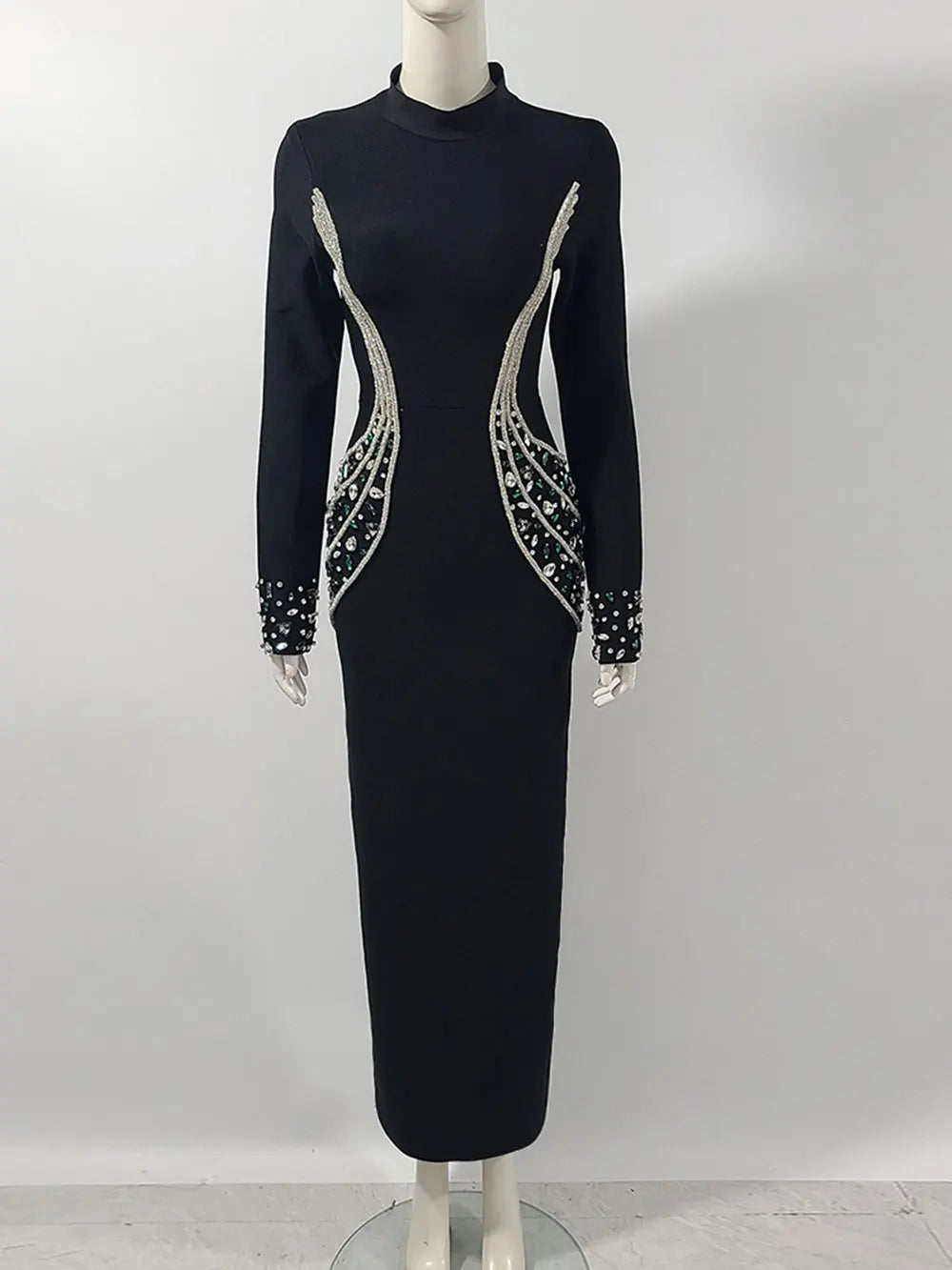 2024 Sexy Women's Heavy Industry Beaded Bandage Dress Bodycon Stand Collar Long Sleeve Midi Dress Cocktail Evening Party Vestido black
