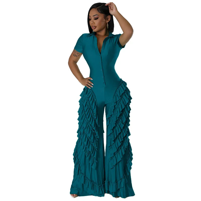 Fashion Women Mult Ruffles Short Sleeve Zipper Fly Wide Leg Shirt Jumpsuit 2024 Streetwear Romper One Piece Set Playsuit Lake Blue