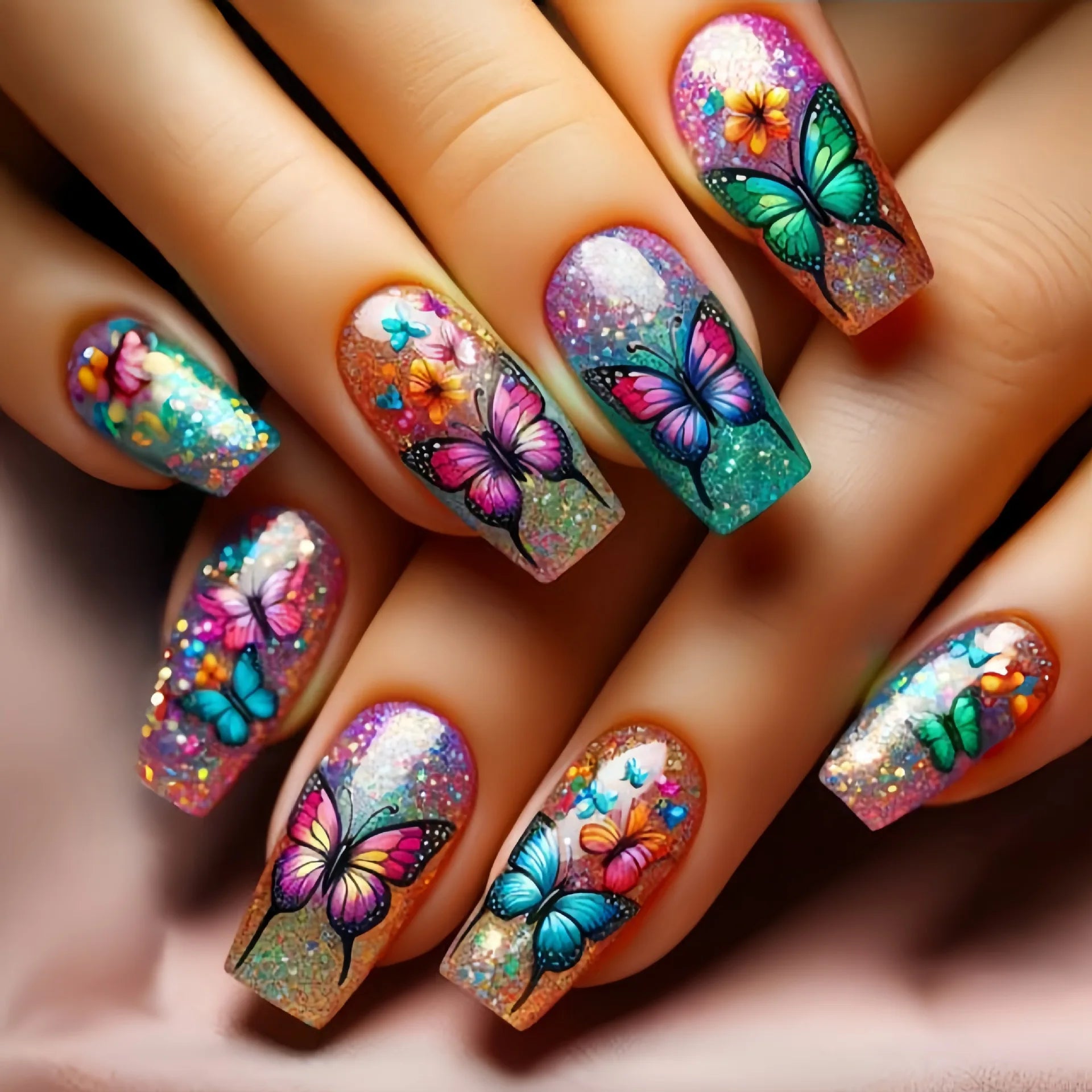 24Pcs Fashion French Fake Nails Colorful Glitter with Butterfly Patterns Medium Square False Nail Art Wearable Acrylic Nail Tips 1