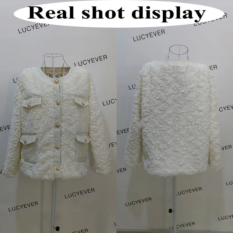 Winter Women Jacket Lamb Wool Korean Style Streetwear O-Neck Faux Fur Coat Woman Warm Thick Furry Fluffy Coat