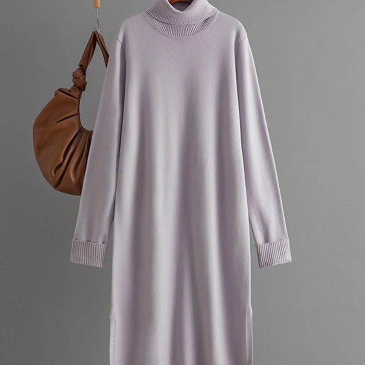 Streamgirl Autumn Turtleneck Slit Dresses For Women Winter Solid Casual Straight Basic Knitted Sweaters Dress Women Elegant