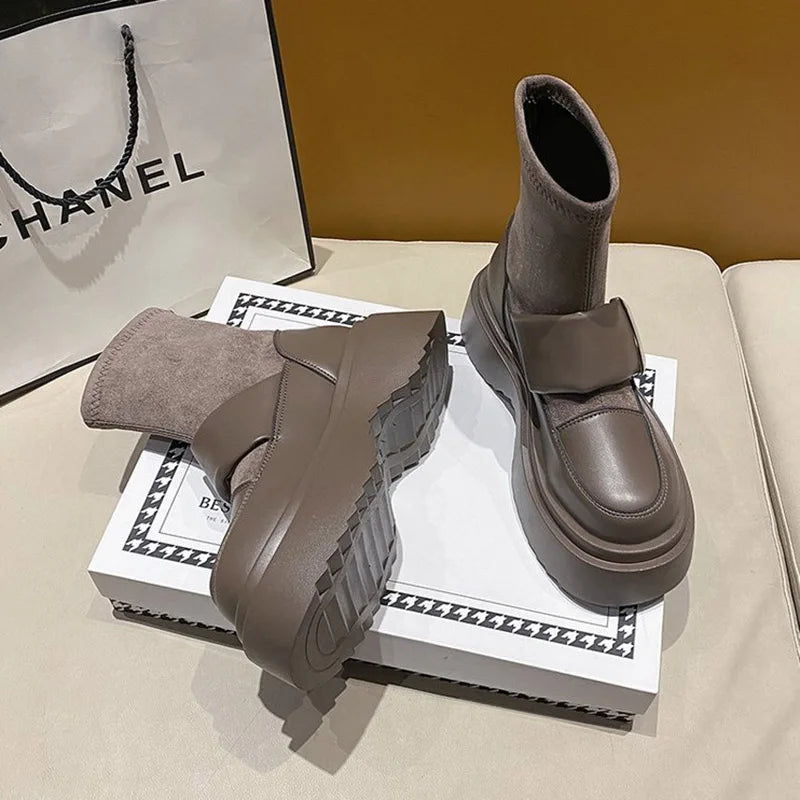 Winter Women Slim Ankle Boots Fashion Slip On Ladies Elegant Platform Flats Short Booties Casual Retro Women's Booties Khaki