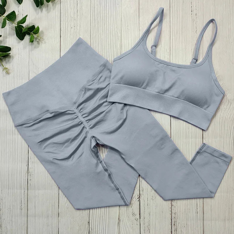 Sportswear Women Seamless Sports Clothing Fitness Suit Yoga Set Workout Clothes For Women Gym Outfit Wear Tracksuit Activewear Grey Set