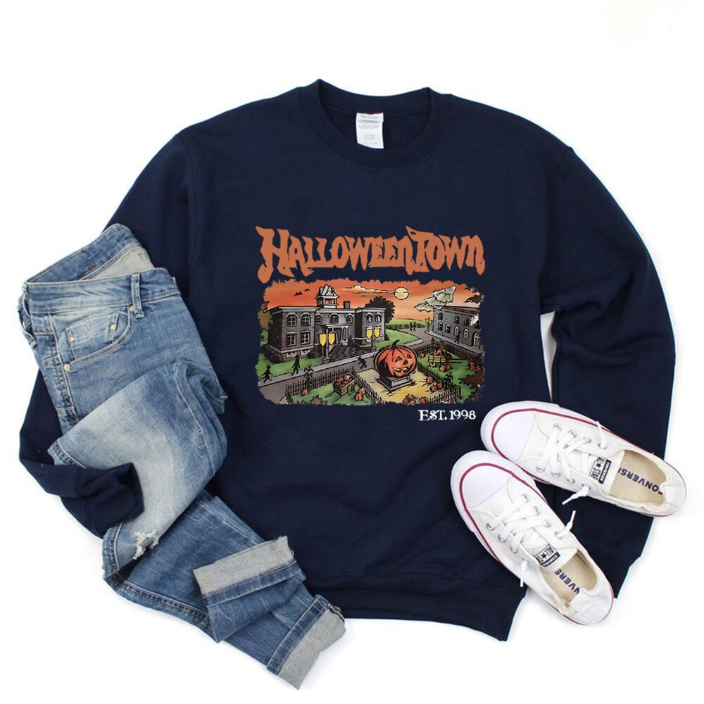 Retro HalloweenTown 1998 Crewneck Sweatshirt Halloween Shirt Funny Halloween Party Sweater Fall Pumpkin Tshirts Halloween Gift Navy Blue