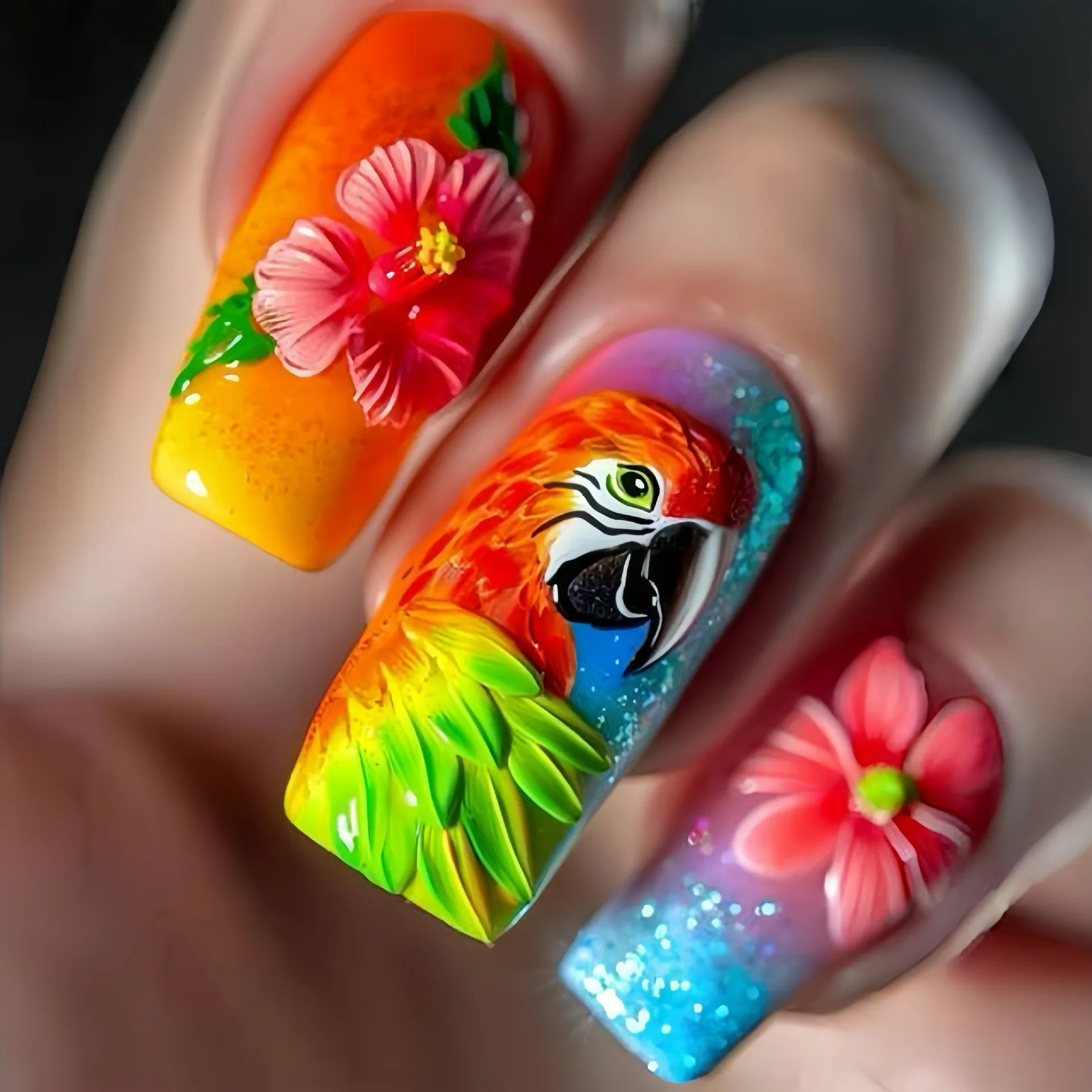 24pcs/set medium long fake nails fashion butterfly feather forest sea wave design gradient blue purple green press on false nail 1777