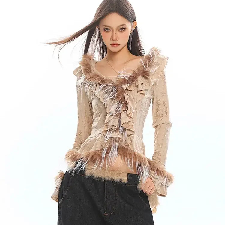 Solid Fashion Spliced Fur Sweater for Women V Neck Long Sleeve Patchwork Ruffles Fold Pullovers Female Clothing New