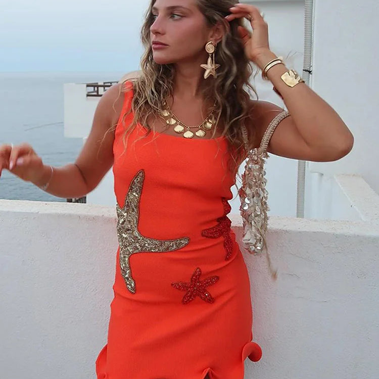 Chic Shinny Starfish Print Ruffles Hem Mini Dress Fashion Bodycon Sleeveless Backless Short Vestidos Summer Female Beach Dresses