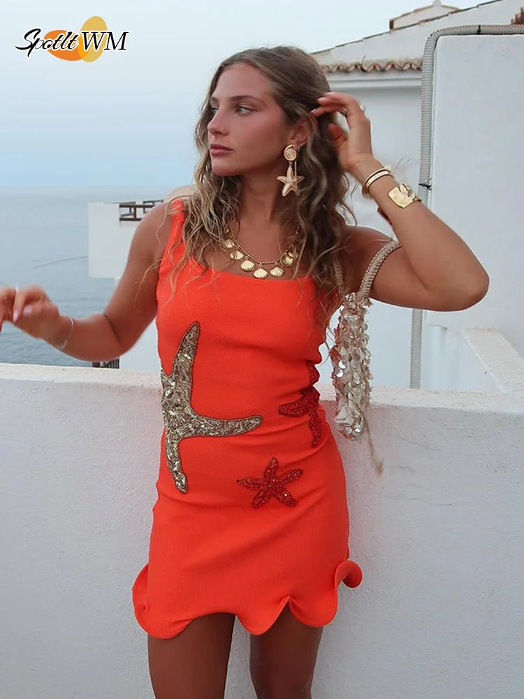 Chic Shinny Starfish Print Ruffles Hem Mini Dress Fashion Bodycon Sleeveless Backless Short Vestidos Summer Female Beach Dresses