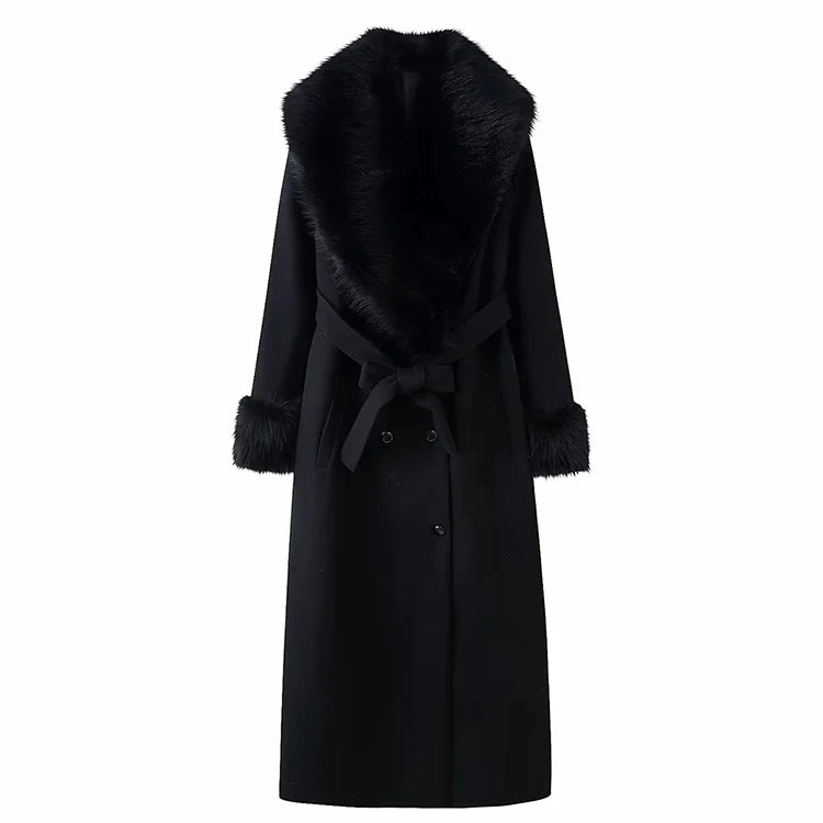 Women New Slim Black Faux Fur Woolen Patchwork Women Long Coat Chic Belt Full Sleeve Button Female Outwea Coats
