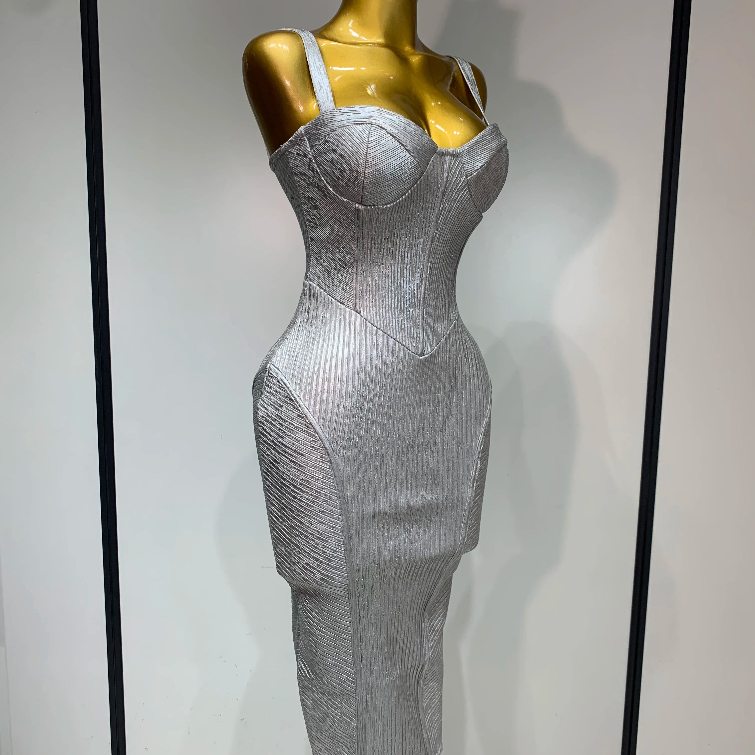 Women Sleeveless Sexy Silver V Neck Bodycon Midi Bandage Dress Celebrate Nightclub Party Birthday Dress Wedding Guest Dress