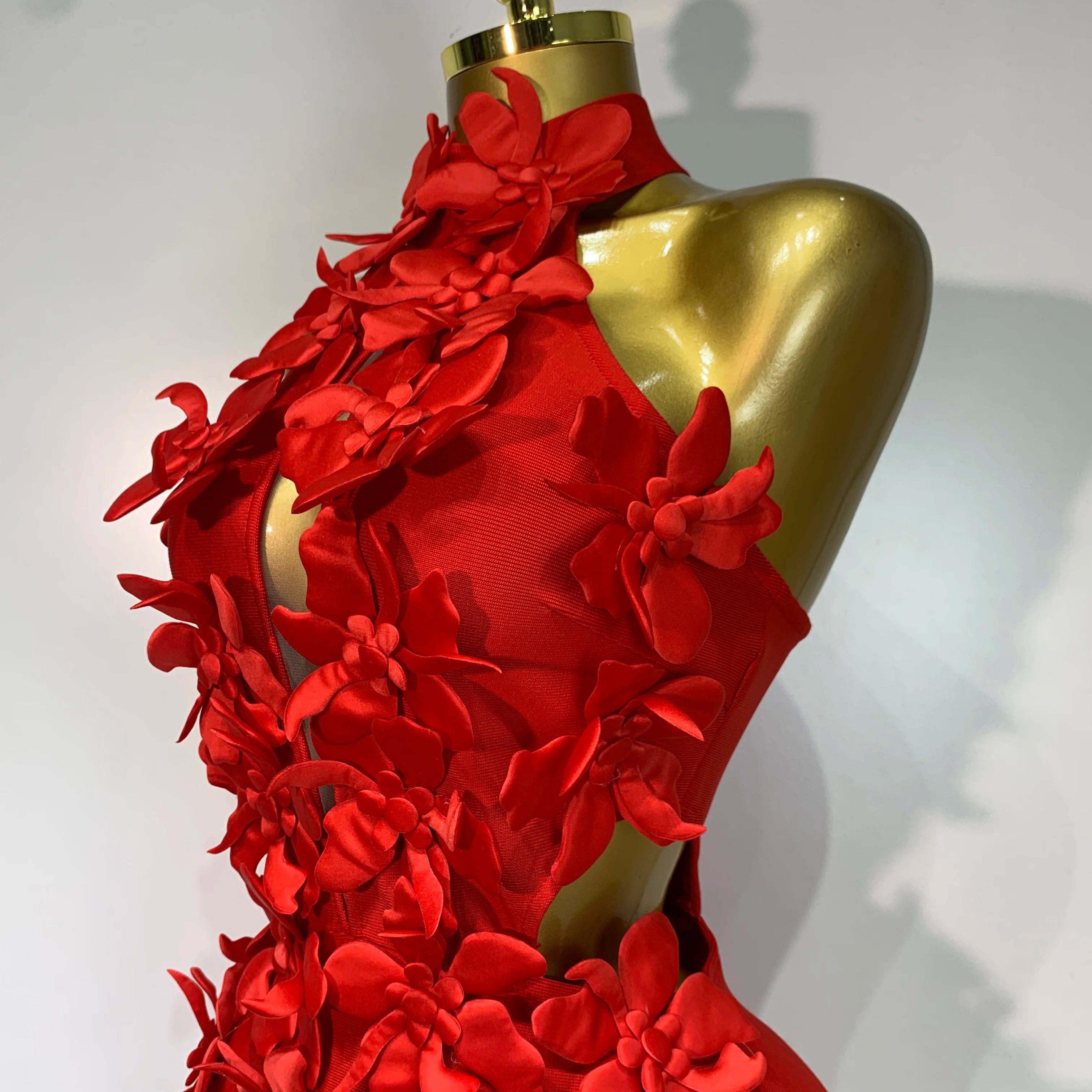 Women Sexy Sleeveless Flower Hollow Out Evening Party Bandage Dresses Red Knitted Bodycon Birthday Wedding Guest Clothing
