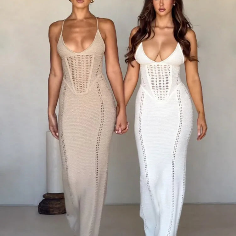 Hollow Out Backless Knit Dress For Women Spaghetti Strap Bandage Sleeveless Bodycon Club Party Sexy Long Dress Elegant