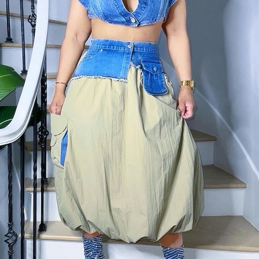 Plus Size Daily Green Shirt Collar Waistcoat Contrast Pocket Denim Two Piece Skirt Sets Blue