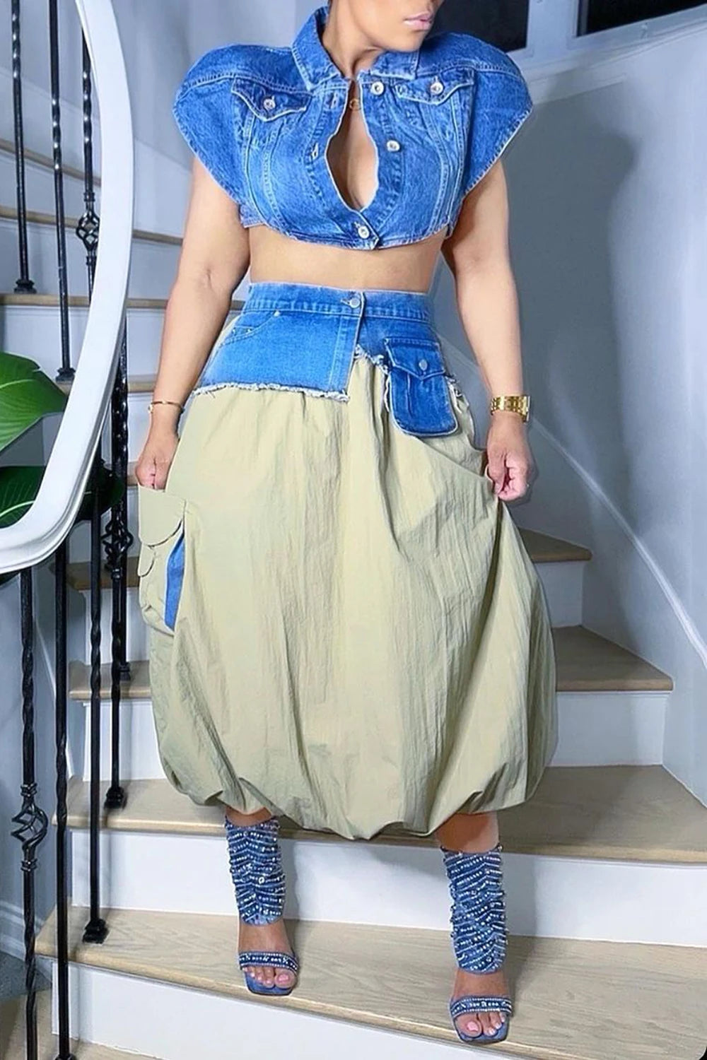 Plus Size Daily Green Shirt Collar Waistcoat Contrast Pocket Denim Two Piece Skirt Sets Blue