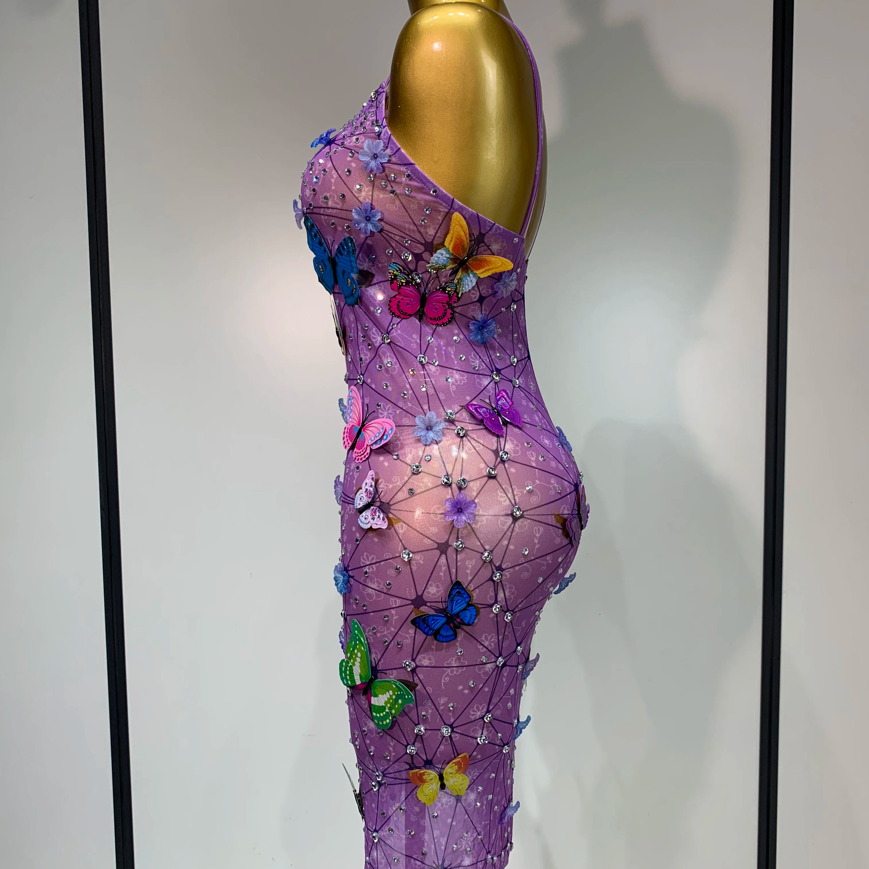 Sparkly Women Sexy Mesh See Through Dress 2025 Butterfly Purple Celebrity Luxury Birthday Nightclub Stage Outfit