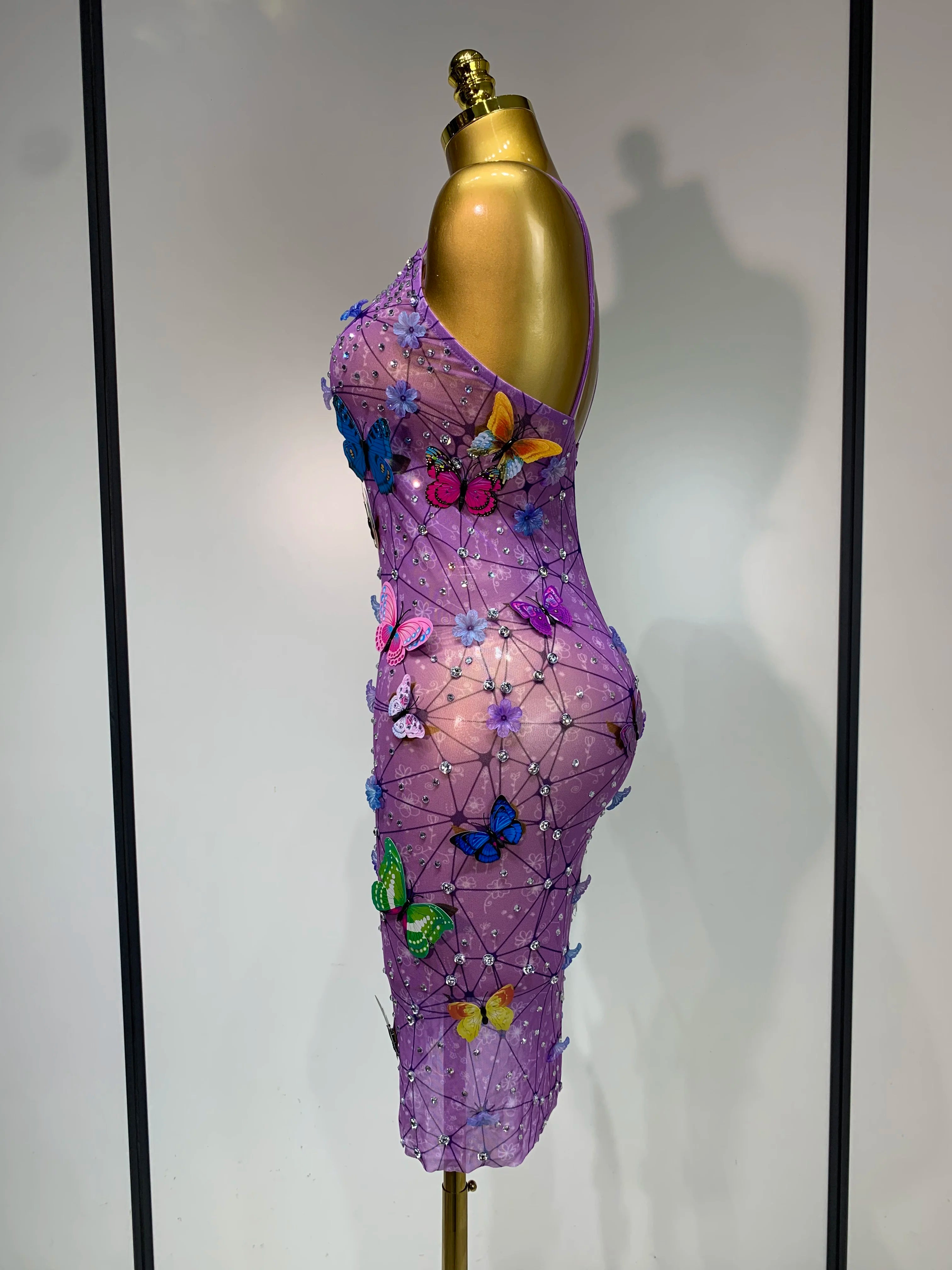 Sparkly Women Sexy Mesh See Through Dress 2025 Butterfly Purple Celebrity Luxury Birthday Nightclub Stage Outfit