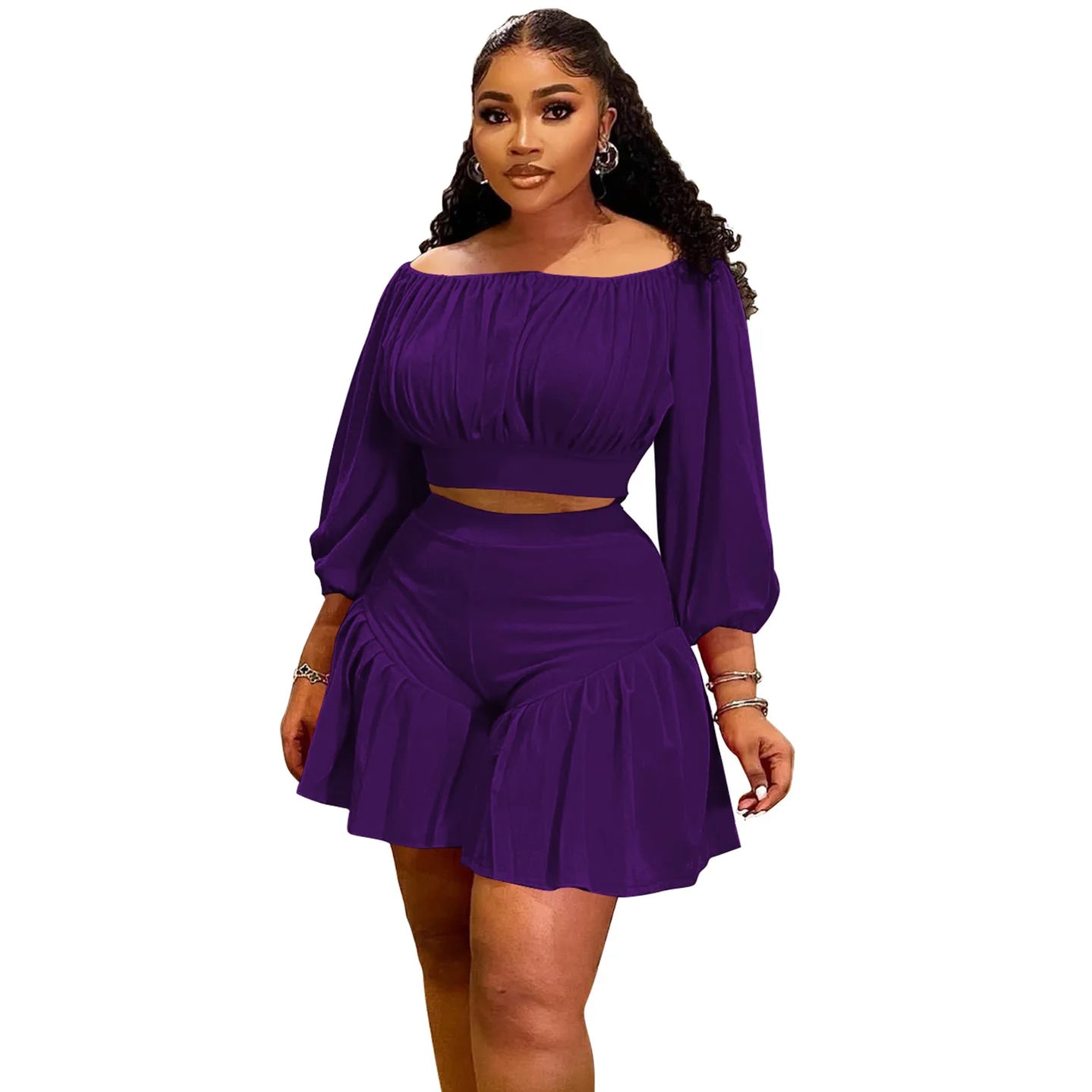 Plus Size Women's Set Long Sleeve Slash Neck T-Shirt and Shorts 2025 Summer Ruched Two 2 Piece Set Outfits Tracksuit PURPLE
