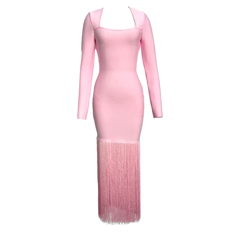 Black Rosered Pink Women Long Sleeve Sexy Square Collar Tassels Bodycon Bandage Long Dress Nightclub Party Celebrate Dress Pink
