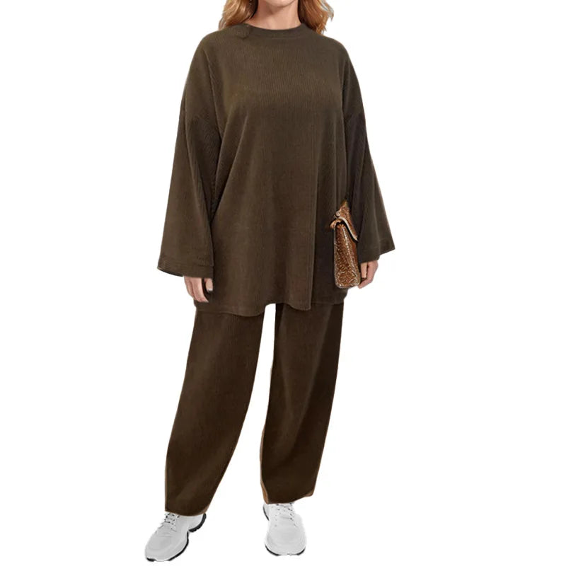 Autumn Winter Solid Color Corduroy Pants Sets Women Loose Long Sleeve Wide Legs Trousers Two Piece Set Female Commuting Clothing Brown