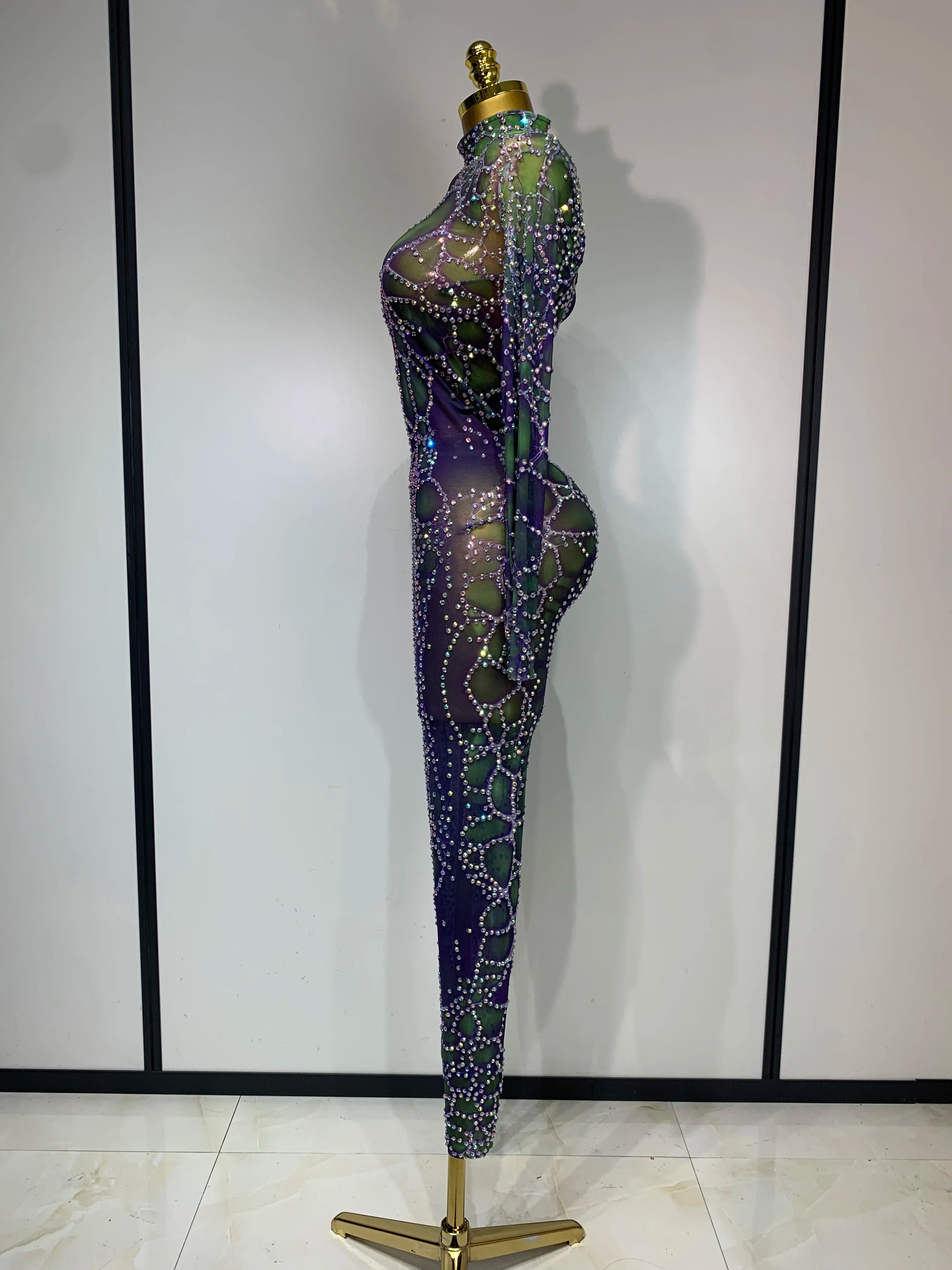Women Sparkly Rhinestones Mesh Bodycon Jumpsuit Singer Stage Performance Dance Costume Nightclub Party Luxury Birthday Outfit