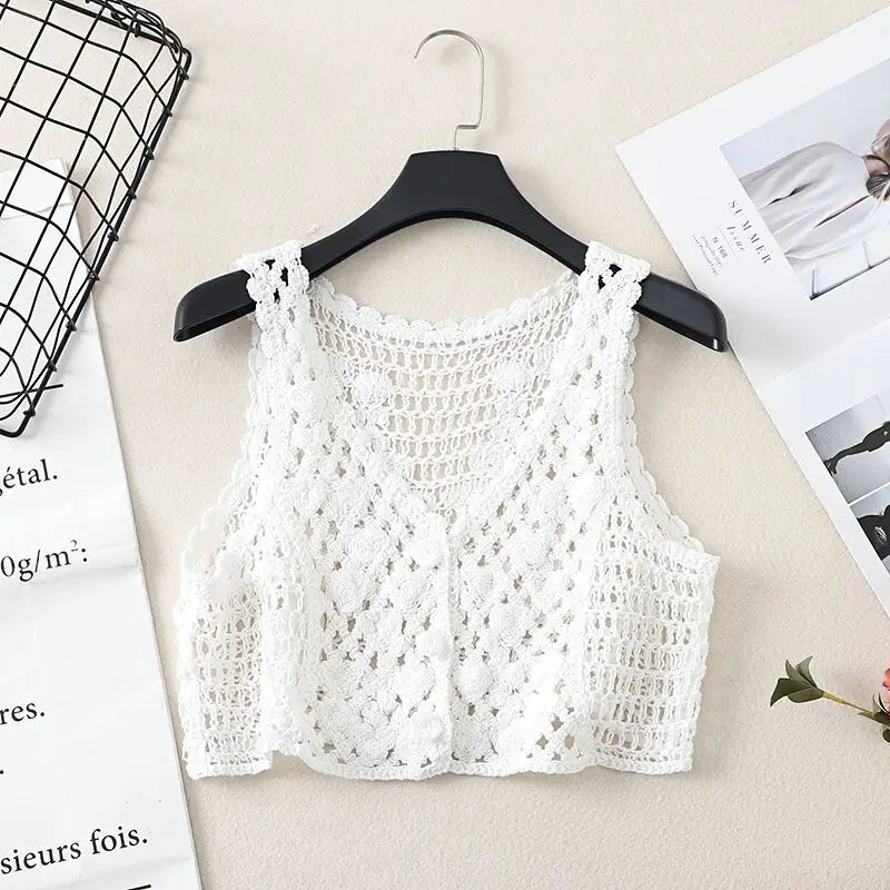OUMEA Women Summer Cotton Crochet Retro Cropped Knitted Cardigans Daisy Floral Embroidery Sleeveless Button Up Chic Crop Tops style 3 white One Size
