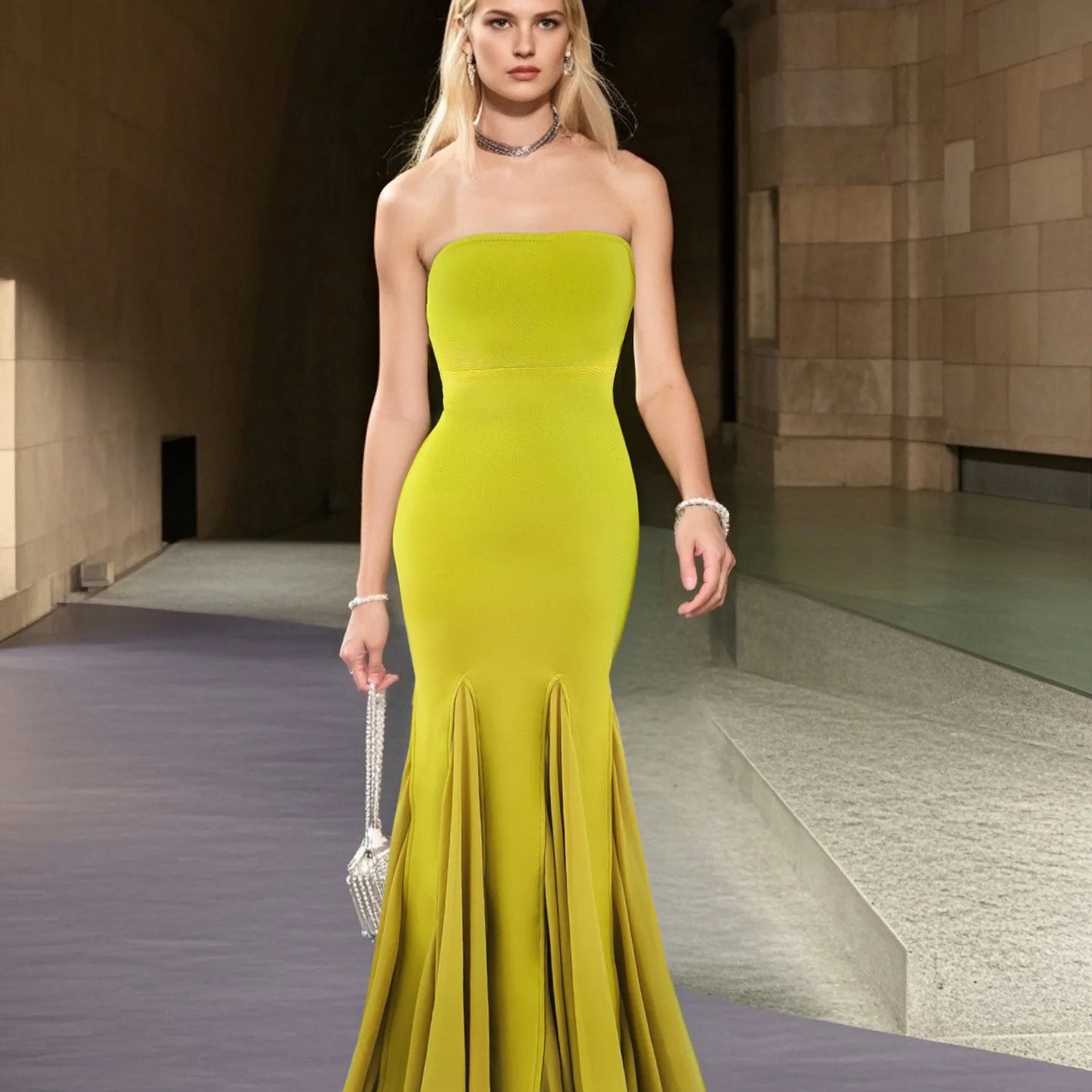 Yellow Color Women Sexy Strapless Bodycon Long Maxi Bandage Dress Celebrate Birthday Vacation Graduation Season Outfit Bright Yellow