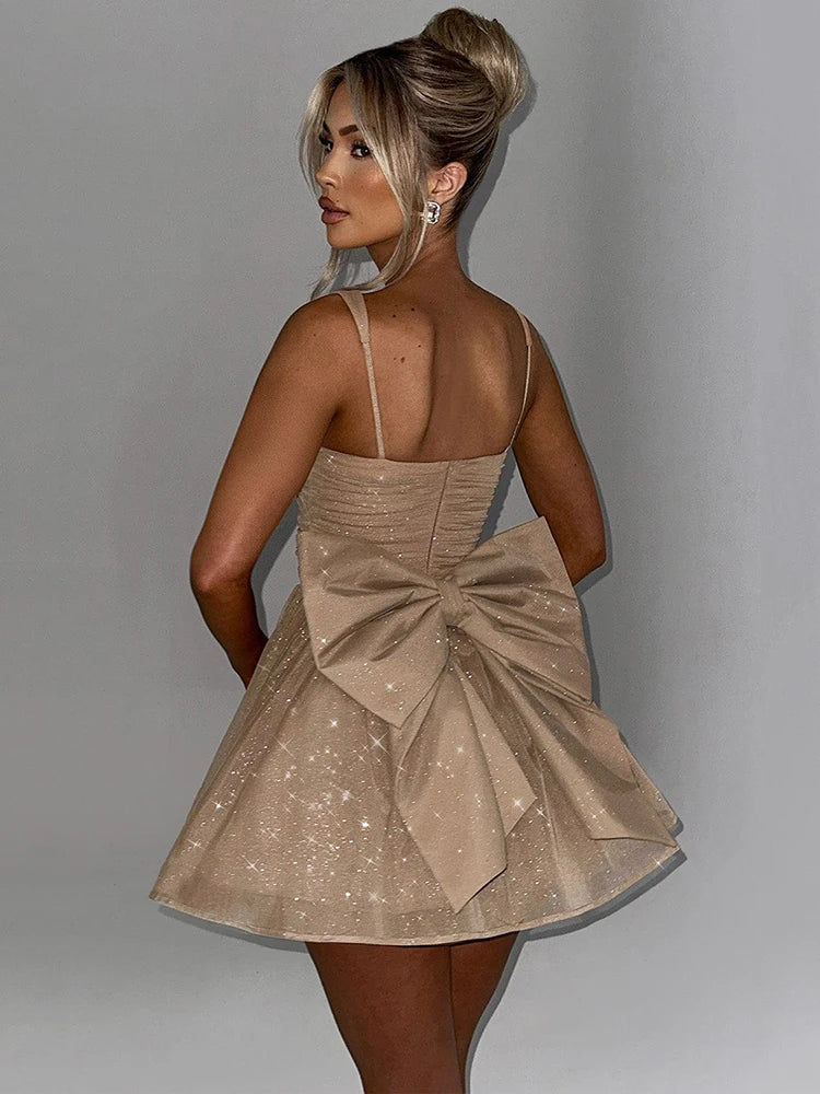 Bow Backless Sexy Mini Dress For Women Robe Spaghetti Strap Sleeveless Backless High Waist A-line Club Dress Vestido